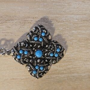 1973 Avon SIERRA Cross With Blue Stones 22" Chain 2" X 2"